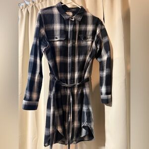 Plaid Button-Up Belted Shirt Dress Top Tunic Flannel Black & White